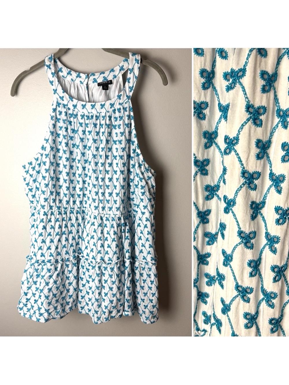 Torrid Top Size 2X White Teal Blue Babydoll Eyelet Tiered Lined Sleeveless Boho